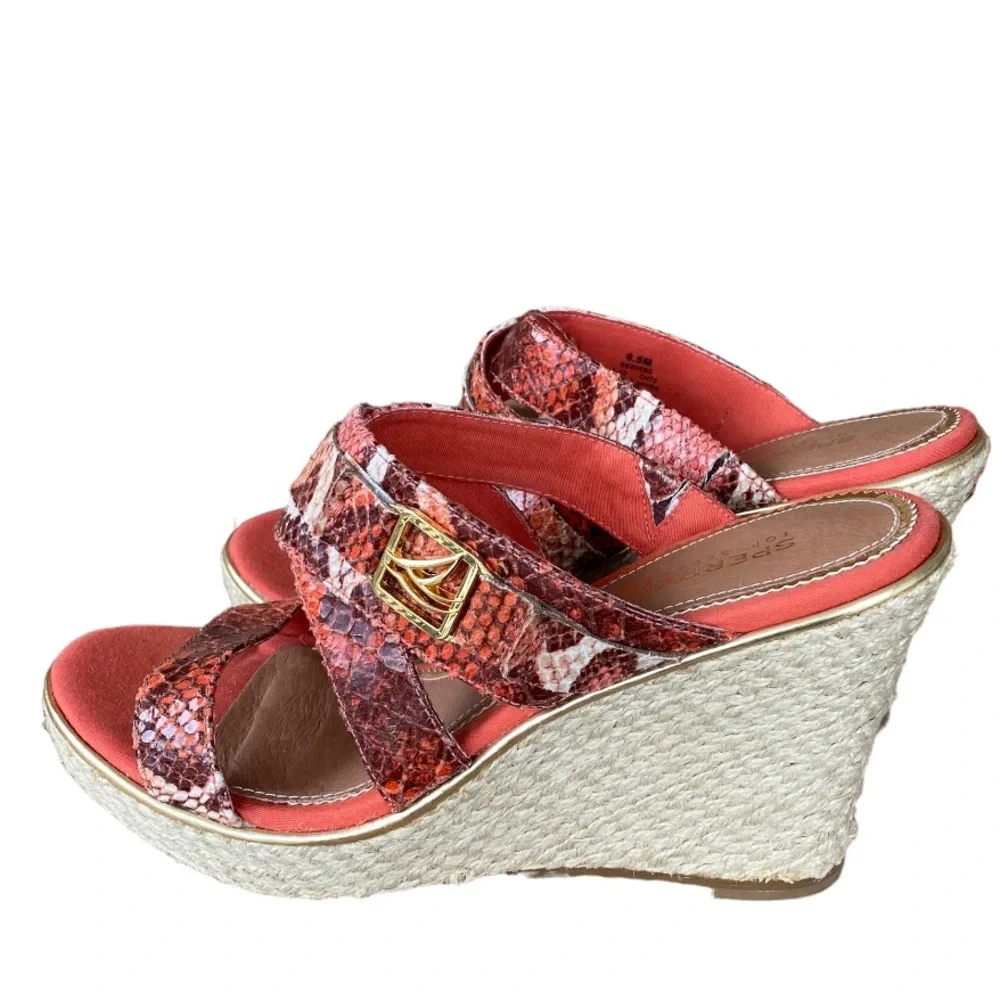 Sperry Maris orange faux python print wedge strappy sandals women’s size 6.5